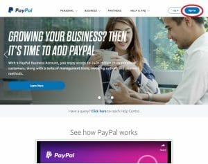 screenshot of PayPal website with sign up button